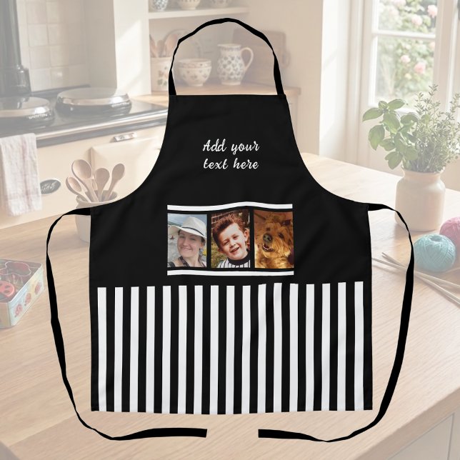 3 photo custom text black white striped  apron (Creator Uploaded)
