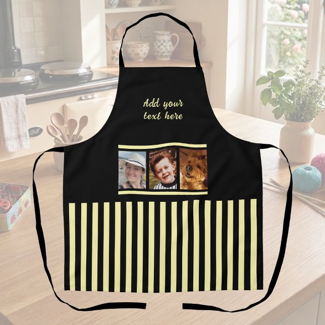3 photo custom text black yellow striped  apron (Creator Uploaded)
