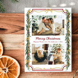 3 Photo Cute Botanical Christmas Foliage Gold Bows Holiday Card