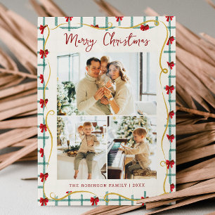 3 Photo Cute Red Green Bow Pattern Merry Christmas Holiday Card