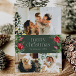 3 Photo Dark Green Botanical Merry Christmas Card<br><div class="desc">This collection features watercolor red florals,  berries & winter greenery with modern & elegant typography,  with a winter botanical pattern back.</div>