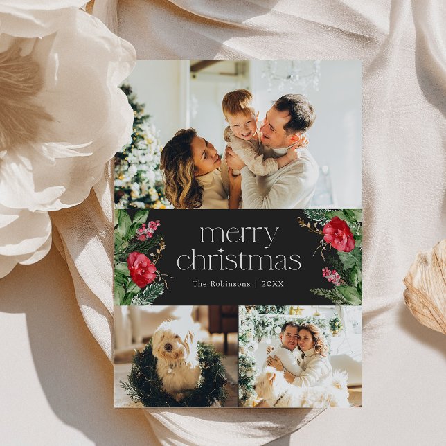 3 Photo Dark Winter Botanical Merry Christmas Card (Creator Uploaded)