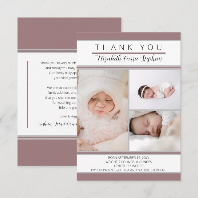 3 Photo Dk Rose Baby Shower |Birth Announcemen Thank You Card (Front/Back)