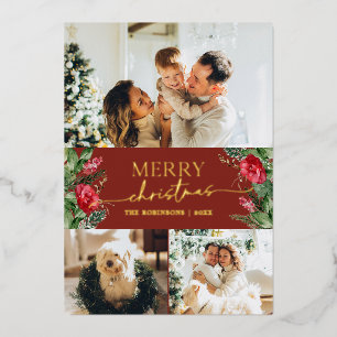 3 Photo Elegant Botanical Merry Christmas Gold Foil Holiday Card