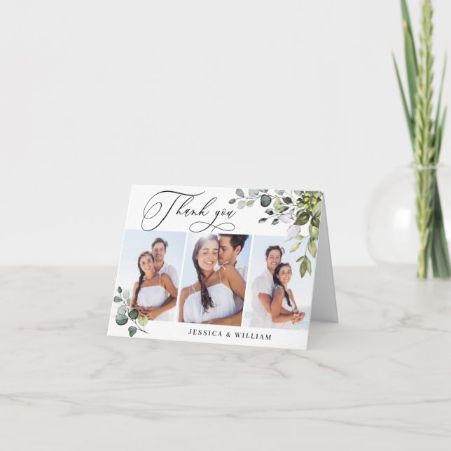 3 PHOTO Elegant Eucalyptus Greenery Wedding Thank You Card (Front)