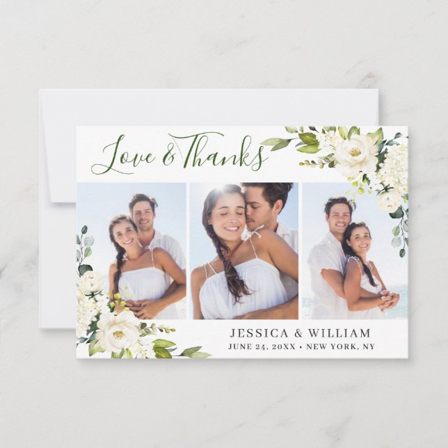 3 PHOTO Elegant Eucalyptus White Roses Floral Thank You Card (Front)