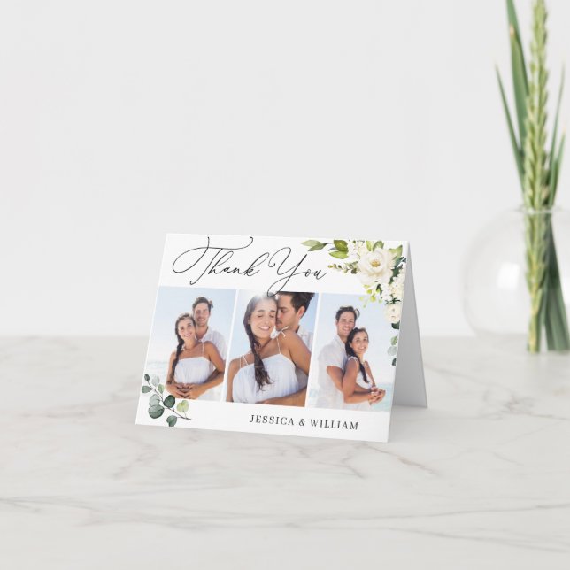 3 PHOTO Elegant Eucalyptus White Roses Floral Thank You Card (Front)