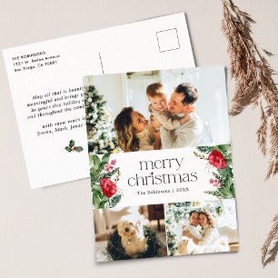 3 Photo Elegant Merry Christmas Botanical Holiday Postcard