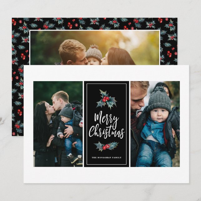 3 Photo Elegant Painted Holly | Christmas Black Holiday Card (Front/Back)