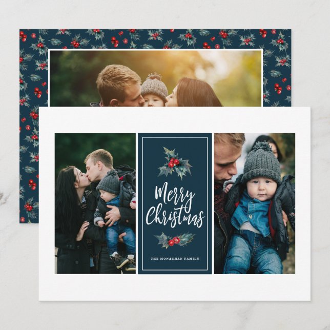 3 Photo Elegant Painted Holly | Christmas Blue Holiday Card (Front/Back)