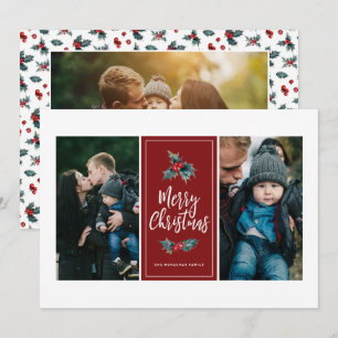 3 Photo Elegant Painted Holly   Christmas Red Holiday Card