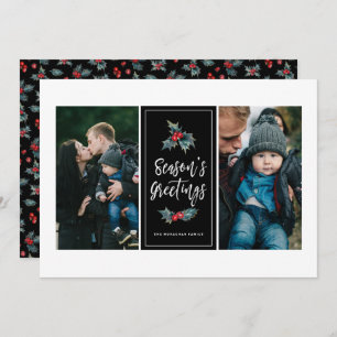 3 Photo Elegant Painted Holly   Greetings Black Holiday Card