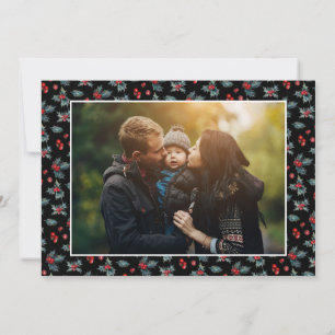 3 Photo Elegant Painted Holly Peace Love Black Holiday Card