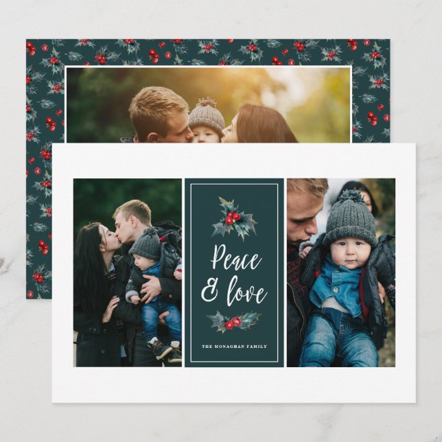 3 Photo Elegant Painted Holly | Peace Love Green Holiday Card (Front/Back)
