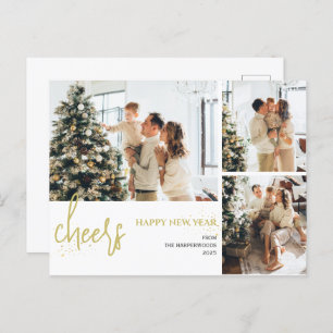 3 Photo Elegant Script Modern Happy New Year Holiday Postcard