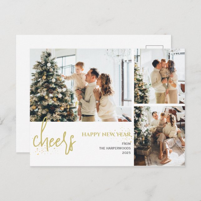 3 Photo Elegant Script Modern Happy New Year Holiday Postcard (Front/Back)