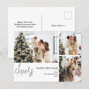 3 Photo Elegant Script Modern Happy New Year Holiday Postcard