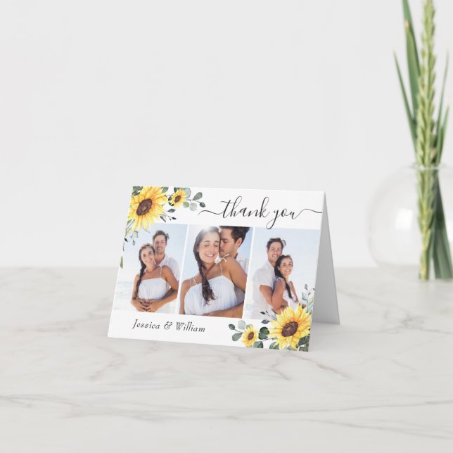 3 PHOTO Elegant Sunflowers Eucalyptus Watercolor Thank You Card (Front)