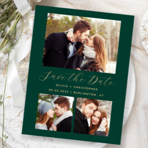 3-Photo Emerald Green Gold Save the Date Postcard