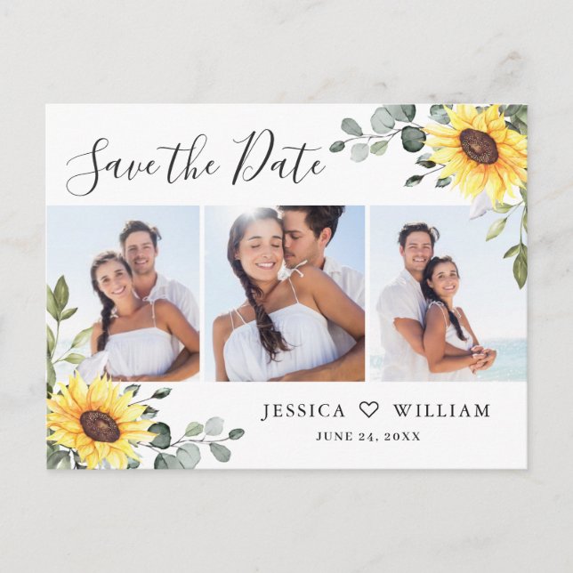3 Photo Eucalyptus Sunflower Wedding Save the Date Postcard (Front)