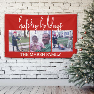 3 Photo Family Christmas Greeting - modern script Banner