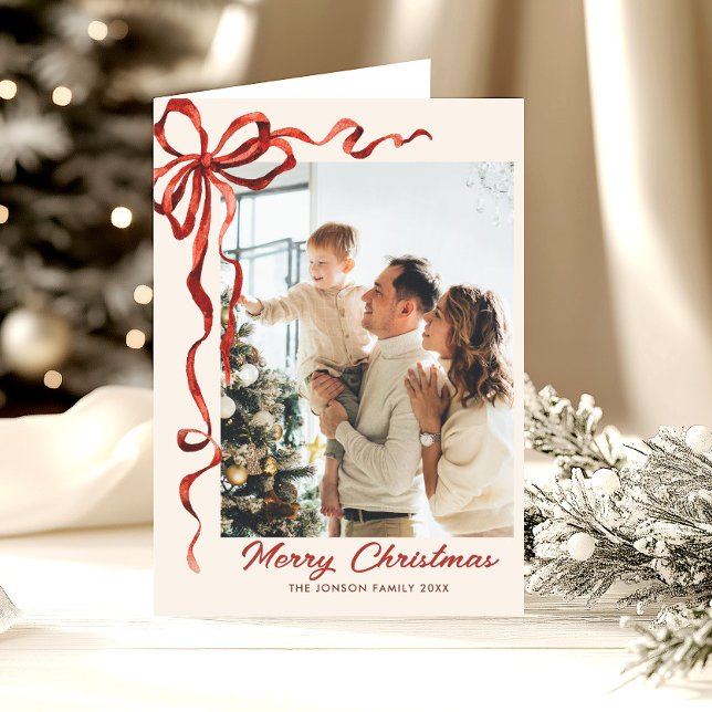 3 Photo Festive Christmas Boho Red Bow Ribbon Holiday Card (Creator Uploaded)