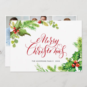 3 PHOTO Festive Holly Berry Christmas Greeting Holiday Card
