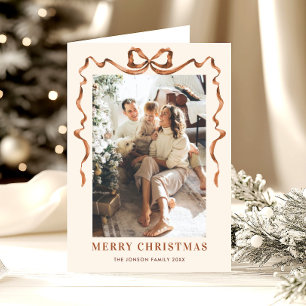 3 Photo Festive Merry Christmas Boho Bow Ribbon Holiday Card