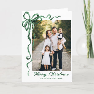 3 Photo Festive Sage Green Christmas Bow Ribbon Holiday Card