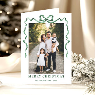 3 Photo Festive Sage Green Christmas Bow Ribbon Holiday Card