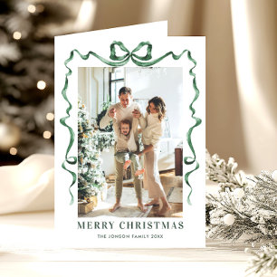 3 Photo Festive Sage Green Christmas Bow Ribbon Holiday Card