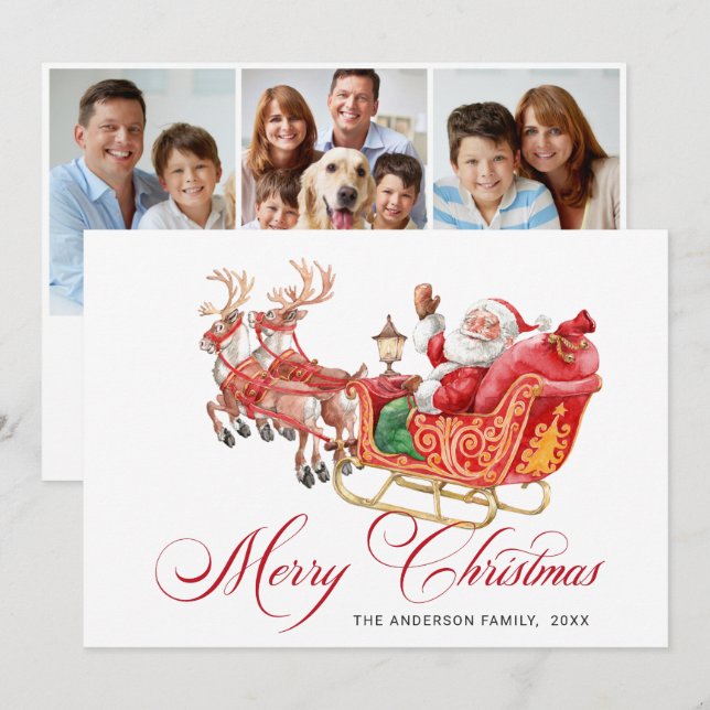 3 PHOTO Festive Santa Sleigh Christmas Greeting Holiday Card (Front/Back)