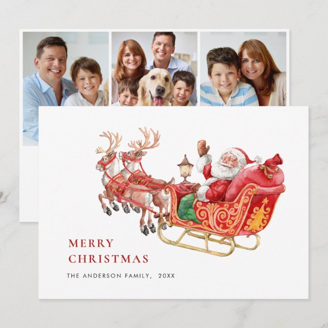 3 PHOTO Festive Santa Sleigh Christmas Greeting Holiday Card (Front/Back)