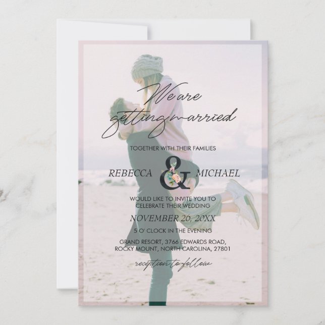 3 Photo Floral Ampersand We are Getting Married Invitation (Front)