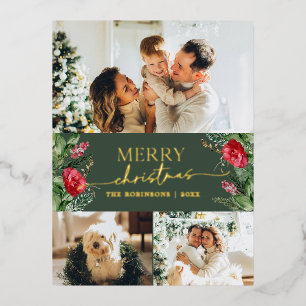 3 Photo Forest Green Foliage Merry Christmas Gold Foil Holiday Postcard