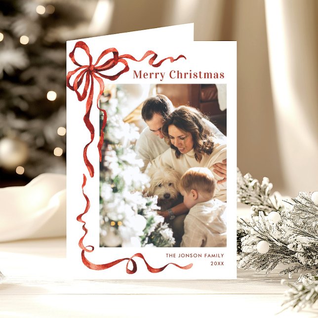 3 Photo Funky Christmas Boho Red Bow Ribbon Holiday Card (Creator Uploaded)