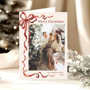 3 Photo Funky Christmas Boho Red Bow Ribbon Holiday Card