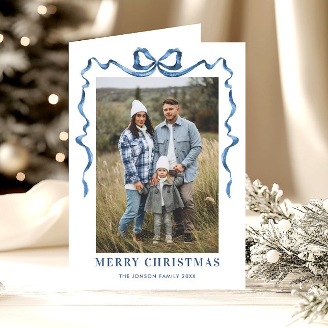 3 Photo Funky Dusty Blue Christmas Bow Ribbon Holiday Card (Creator Uploaded)