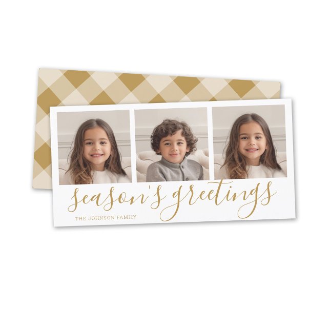 3 Photo - Gold Calligraphy Plaid Seasons Greeting Holiday Card (3 Photo online Christmas card, minimal design, modern script, buffalo plaid)