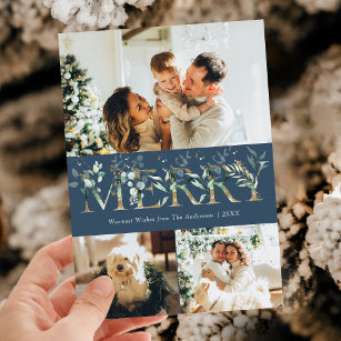 3 Photo Gold Greenery Blue Merry Christmas Holiday Card