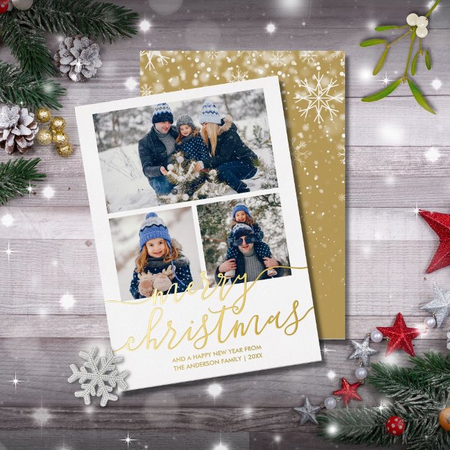 3 Photo Gold Script Merry Christmas Gold Foil Holiday Card (Creator Uploaded)