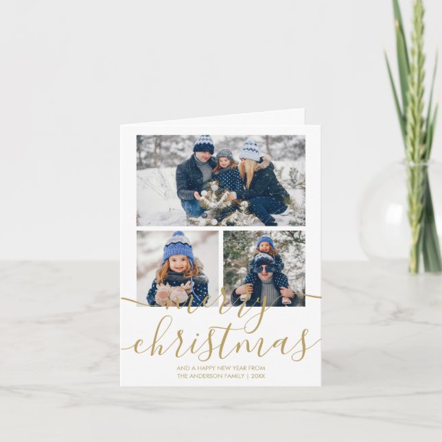 3 Photo Gold Script Merry Christmas Holiday Card (Front)