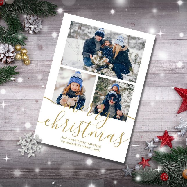 3 Photo Gold Script Merry Christmas Holiday Card (Creator Uploaded)