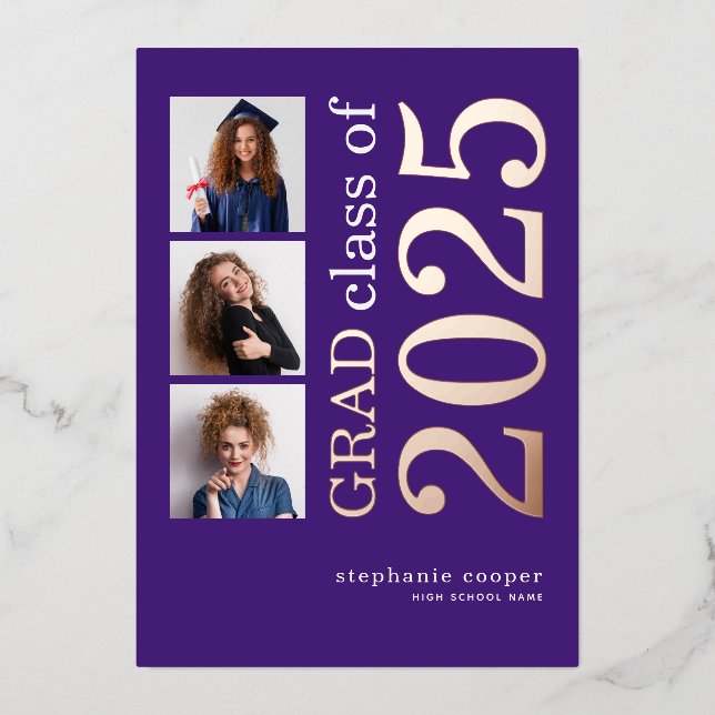3 Photo Grad 2025 Purple with Foil Announcement (Front)