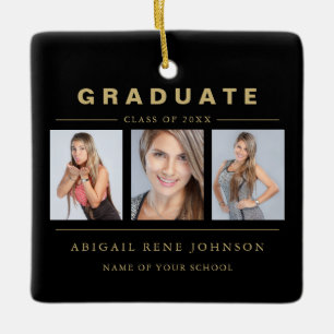 3 Photo Graduation Collage Graduate Black Gold Ceramic Ornament