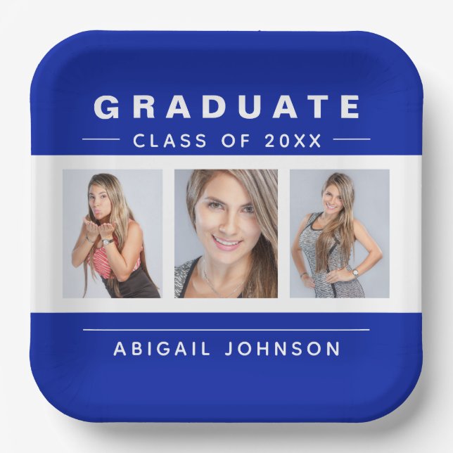 3 Photo Graduation Collage Graduate Blue and White Paper Plate (Front)