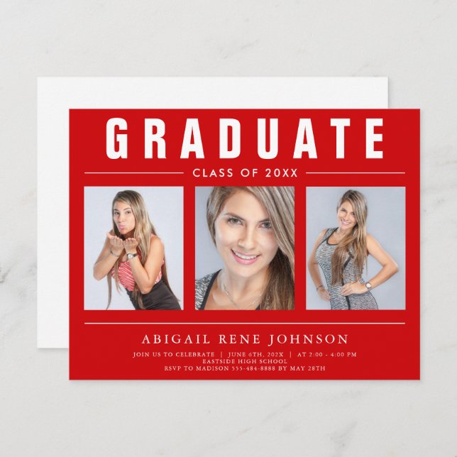3 Photo Graduation Collage Graduate Red and White Announcement (Front/Back)