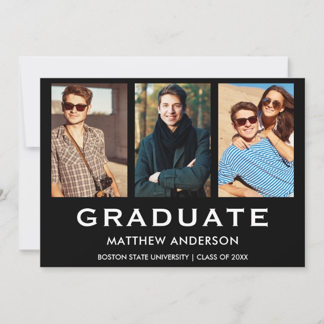 3 Photo Graduation Modern Announcement Card (Front)