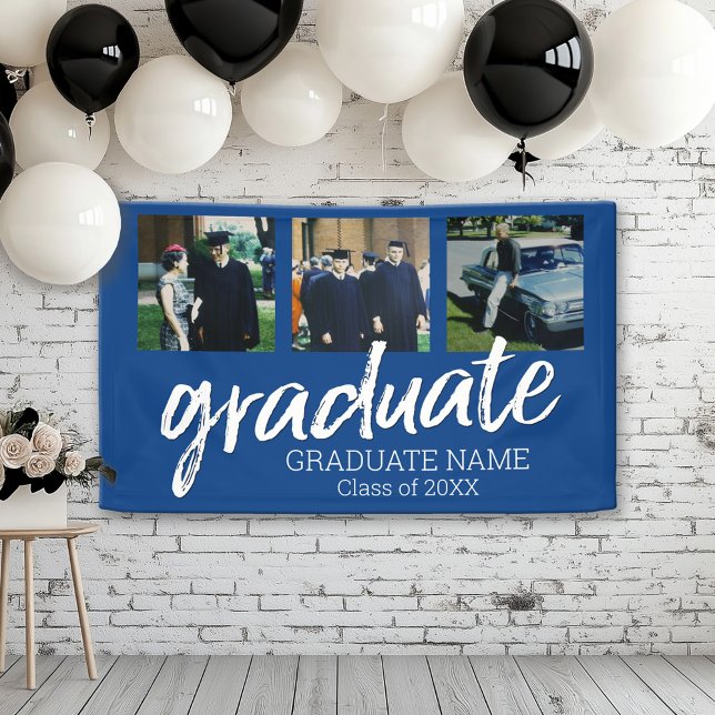 3 Photo Graduation - Modern Graduate Script Blue Banner (Custom Graduation Banner for a Grad Party or Open House)