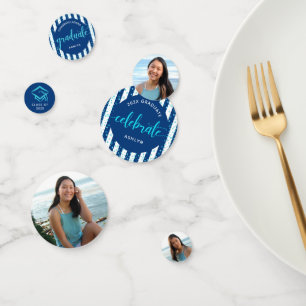 3 Photo Graduation Turquoise Glitter Script Navy Confetti
